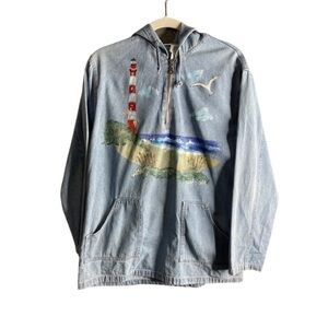 Daffy-dills vintage hand painted lighthouse scene denim half zip hoodie size S